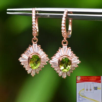 GLC CERTIFIED 6.01G Natural Green Peridot 925Silver Gold Plated Earring - Image 1 of 4