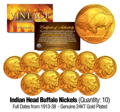 Lot of 10 Full Date Buffalo Nickels Us Coins Gold Plated Indian Head -Best Value