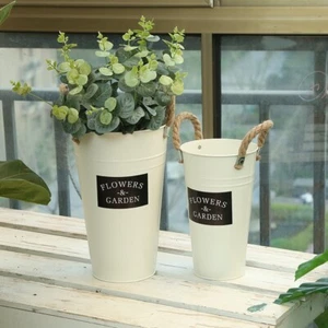 Set Of 2  Galvanized Metal Garden  Flower Vase With Handle Bucket Plant Pot  - Picture 1 of 4