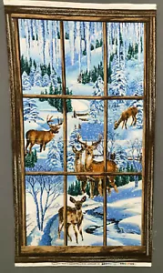 Snowy Christmas Fabric Panel Deer Window Scene Winter Icicles River Forest - Picture 1 of 2