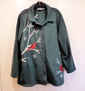 Quacker Factory WM Forest Green Embroidered Cardinal Birds Fleece Button Jacket - Picture 1 of 5
