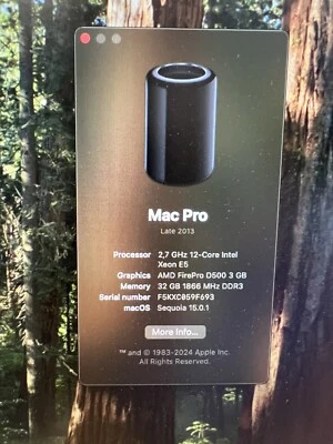 Apple Mac Pro 6,1 Late 2013 12-Core 32GB RAM 256GB SSD Dual D500 Sequoia OpenCor - Bild 1 von 4