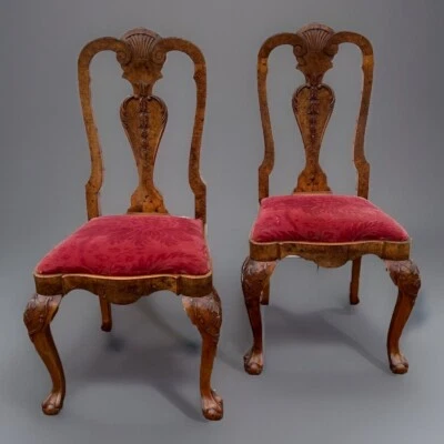 Pair Dutch Burr Walnut Carved Side Chairs, C 1870 - Image 1 of 4