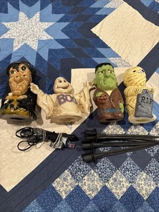 Vtg Halloween Yard Light Set 9” Blow-Molds Mummy Witch Ghost Frankenstein *WORKS - Picture 1 of 6
