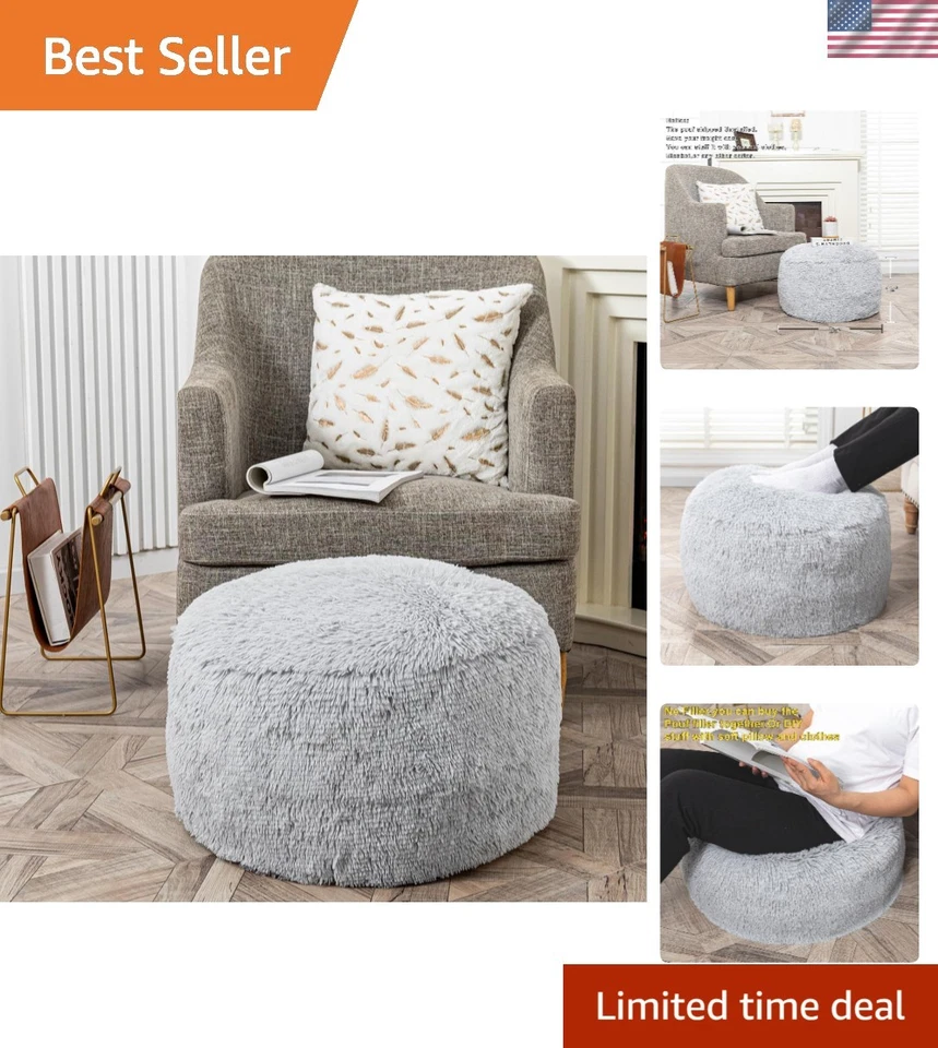 Cubierta de puf redonda gris claro en piel sintética - Reposapiés sin relleno, 20x20 pulgadas Foto 1 de 4