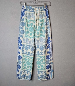 Zara Womens Pants XS Printed Poplin Cotton Wide Leg Beach Vacation Coastal Blue - Picture 1 of 10