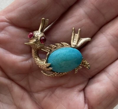 Broche prendedor vintage Ciner Road Runner pájaro cabujón vientre con joyas tono dorado Foto 1 de 4