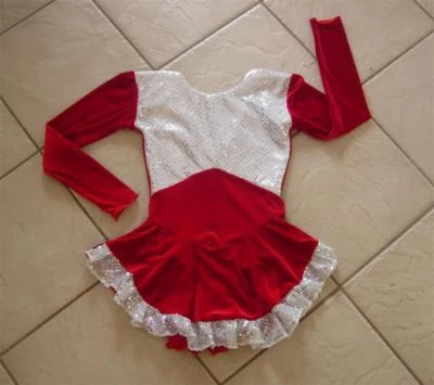 HANDMADE NEW Girls RED VELVET White SEQUIN SANTA Competition FIGURE ICE SKATING Dress