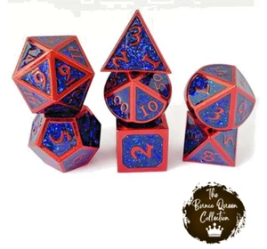 Super Man Metal Mica Glitter Unique Polyhedral DND Dice Set. Red & Blue D&D Dice - Picture 1 of 6
