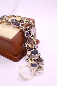 Vintage Multicoloured Gemstone Silver Bracelet with T-Bar - Picture 1 of 18