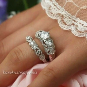14K White Gold Over 2.35CT Lab Created Round Cut Diamond Wedding Ring Set Woman - Picture 1 of 10