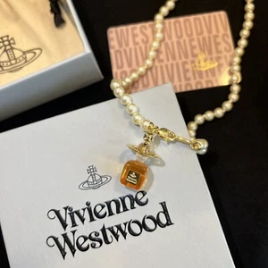 Vivienne Westwood Perfume Pendant Pearl Necklace Chocker Gold Tone With Box 358 - Picture 1 of 7
