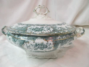 1890's blue green Transfer Wedgwood Phoebe Soup Tureen w/ Lid gold accents trim - Picture 1 of 9