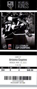 Arizona Coyotes vs Los Angeles Kings 3/16/2015 Full Ticket - Justin Williams