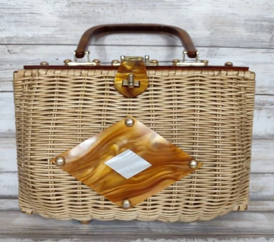 复古柳条钱包手提包 Lucite 手柄和装饰稻草 香港 二手状况完好 — 第 1/4 张图片