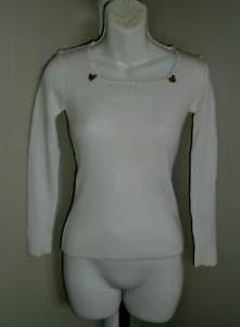Ladies VTG 1970s White Rib Sweater Low Square Neck Floral Appliques Sz XS/S NOS