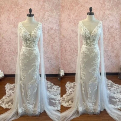 Vestidos de novia de sirena con capa cuello en V playa boho tren de barrido vestidos de novia Foto 1 de 4