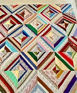 Vintage USA Handmade 70x92" Full Double Scrap Diagonal Strip Quilt Velvet Lace - Picture 1 of 7
