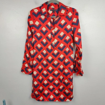 Banana Republic Mad Men Silk Shirt Dress Womens 0 Red Blue Geometric Retro Mod - Image 1 of 4