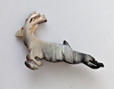 Large Hand Carved Horn Jumping Leaping Red Eyed Stag Deer Brooch BT-4106 - Image 1 of 4