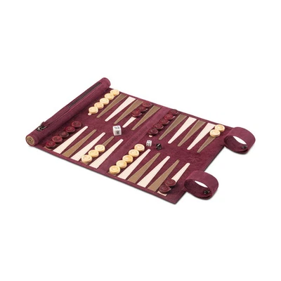 Roll up Nubuck Leather Backgammon Set, Burgundy  Red, Travel Size by Melia Games - Image 1 of 4