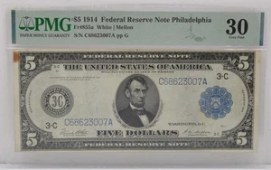1914 $5 Federal Reserve Note Philadelphia Fr#855a PMG 30 Very Fine - Picture 1 of 2