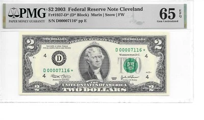 2003* Cleveland $2 Star FRN (D* Block) PMG 65 EPQ Gem Uncirculated only 16,000 - Image 1 of 4