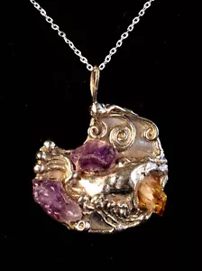 Silvery Pendant w/ Raw Amethyst & Citrine, Handmade in Brazil by Carvalhu of Rio - Picture 1 of 5