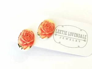 Salmon Pink Retro Vintage Lucite Cabbge Rose Oval Stud Earrings - Picture 1 of 5