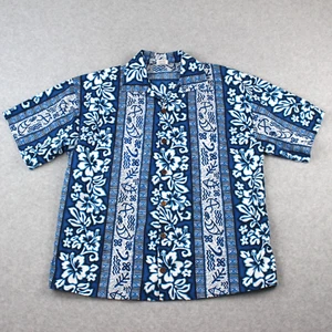 Water Blocks Shirt Men's M Blue Hawaiian Floral Button Up Short Sleeve Made USA - Picture 1 of 7