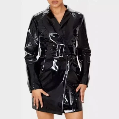 Women Trench Vinyl Shiny Gothic Coat PVC Emo Top quality Faux Leather Black Coat - Image 1 of 3