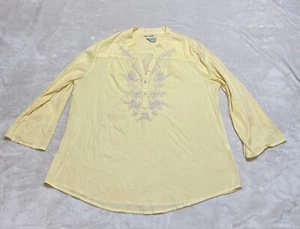 Lucky Brand Top Women's Large Sheer Yellow Floral Embroidered Roll Tab Sleeve - Picture 1 of 7