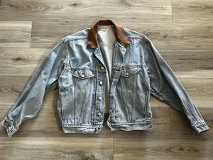 Vintage Guess Denim Jacket Leather Collar Blue Sz XL Jean Trucker B1 - Picture 1 of 9
