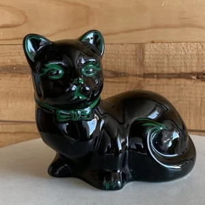 Black Cat Ceramic Figurine bow tie green accents Mcm Eclectic Whimsical - Picture 1 of 8