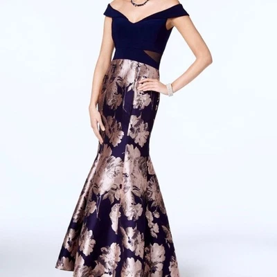 XSCAPE Vestido Sirena Brocado Floral Cuello en V Azul Marino y Oro Rosa Talla 6 $289 Foto 1 de 4