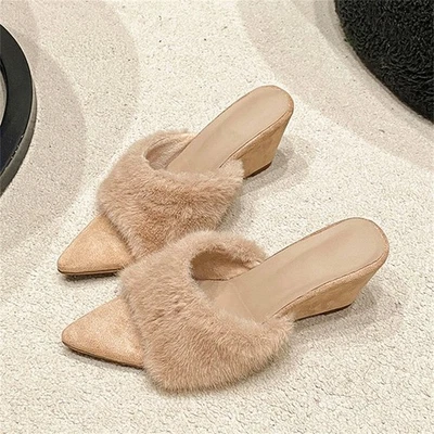 Women's Wedge Heel Mules Pointed Toe Fuzzy Slip On Party Wedding Winter Shoes - Image 1 of 4