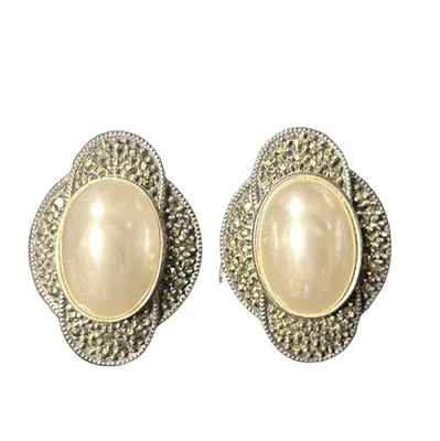 Judith Jack Sterling Silver Pearl & Marcasite Omega Back Clip Statement Earrings - Image 1 of 4