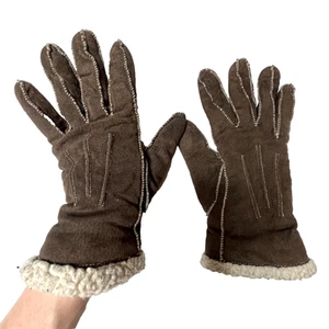 Guantes de cuero para mujer marrón blanco forro sherpa invierno cálido polar gamuza pequeños - Imagen 1 de 6
