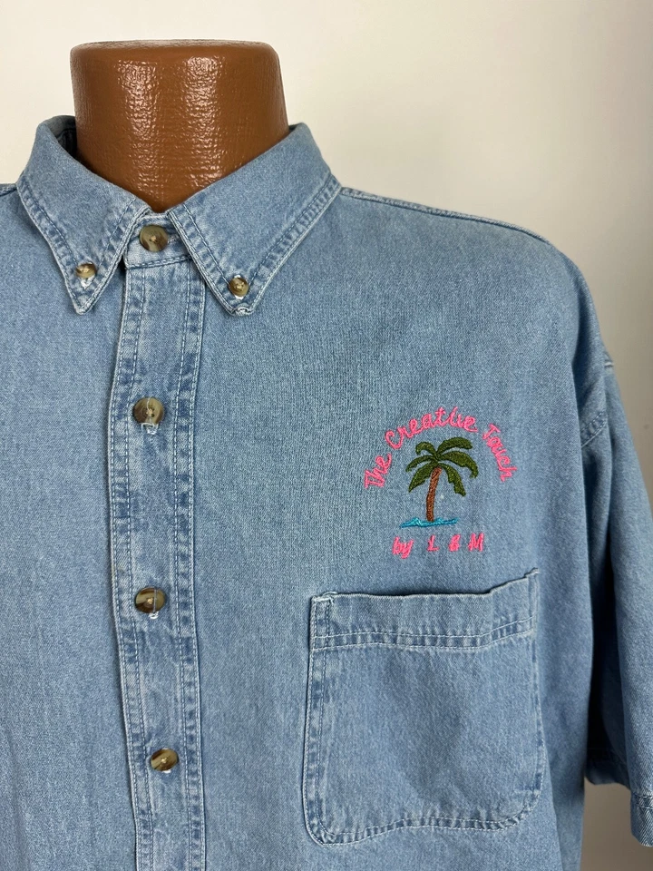 Vintage 90s Denim Shirt Men 2XL Embroidered Creative Touch Palm Tree Button Down — 第 1/4 张图片
