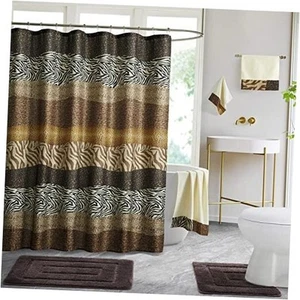 WPM Bathroom Rugs and Shower Curtain Set. Animal Leopard Print Animal Coffee - Picture 1 of 8