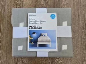 Room Essentials 2 Piece Gray & White Squares Cotton Sateen Twin Duvet & Sham Set - Picture 1 of 8