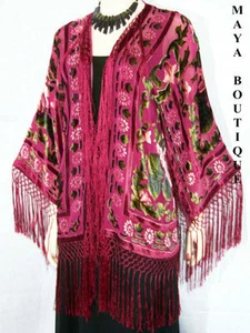 Fringe Jacket Bolero Silk Burnout Velvet Wine Multi Short - Picture 1 of 1