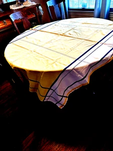 Vtg Cotton Canary Yellow Tablecloth Blue Stripe Dutchart 51" x 46" Rectangle FrS - Picture 1 of 9