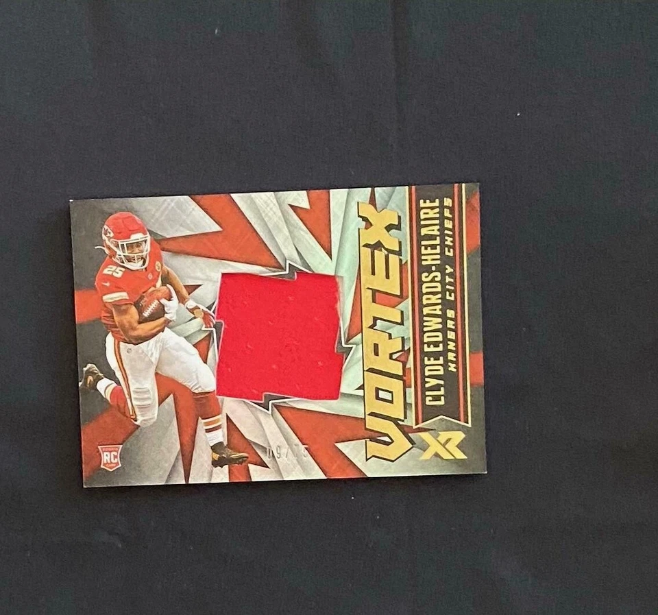 2020 Panini Xr Clyde Edwards-Helaire Vortex #9/75, $$$. TO GO NOW, HOT SUPERSTAR - Image 1 of 2