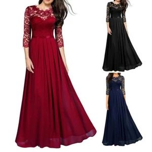 Mujeres Vestido Maxi Largo de Noche Retazos de Encaje Color Sólido Cintura Alta Vestido - Imagen 1 de 27