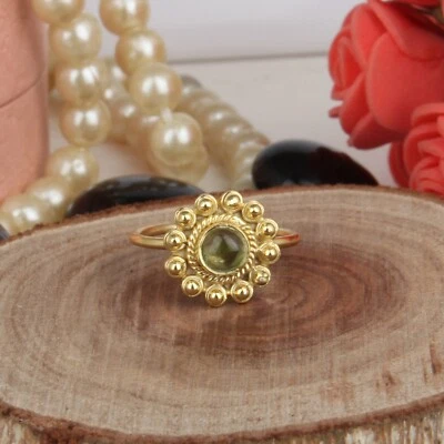 Natural Peridot Gemstone Sterling Silver Gold Plated Handmade Band Ring Jewelry - Image 1 of 3