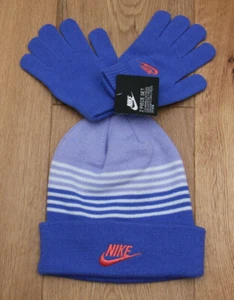 Nike Kids Girl Pom Beanie & Gloves Set ~ Purple/Blue, Coral & White ~ - Picture 1 of 3