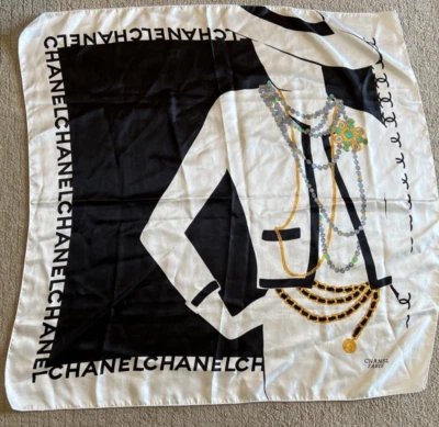 Coco Chanel Vintage Bufanda de Seda Retrato 35" Cuadrado Negro Blanco ¡Raro! Foto 1 de 4