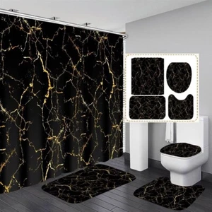 AZHM 4Pcs Shower Curtain Sets Black and Gold Marble Bathroom Sets with Shower Cu - Picture 1 of 7