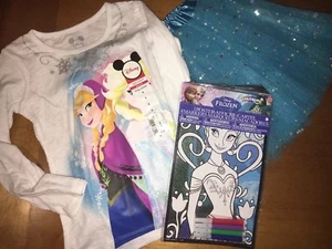 Disney Sz 4 Frozen Anna Elsa Shirt Tutu Skirt Glitter Poster Birthday World Trip - Picture 1 of 5